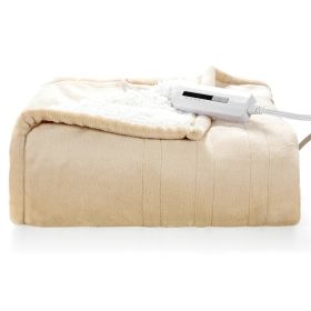 Heated Electric Sherpa Throw Blanket in Beige/White