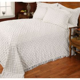 Full size Beige Chenille Cotton Bedspread with Fringe Edges