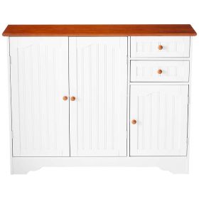 White Wood Sideboard Buffet Cabinet with Walnut Finish Top and Knobs