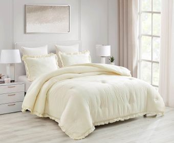 Oversized Queen Ivory Microfiber 3-Piece Comforter Set with Ruffled Edge Trim