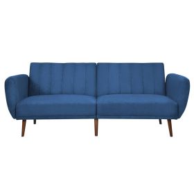 Modern Scandinavian Blue Linen Upholstered Sofa Bed with Wooden Legs