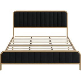 Queen Gold Metal Platform Bed Frame with Black Velvet Upholstered Headboard