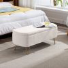 Ivory White Storage Ottoman Bench for End of Bed Gold Legs, Modern Ivory White Faux Fur Entryway Bench Upholstered Padded with Storage for Living Room