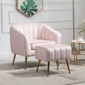 Velvet Accent Chair; Modern Barrel Chair with Ottoman; Arm Pub Chair for Living Room/Bedroom/Nail Salon; Blush Pink; Golden Finished; Suitable for Sma