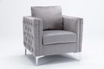 Modern Velvet Armchair Tufted Button Accent Chair Club Chair with Steel Legs for Living Room Bedroom,Grey