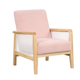 [EAT 3.10]Mid-Century Armchair Rattan Mesh Upholstered Accent Chair,Teddy Short Plush Particle Velvet Armchair for Living Room,Bedroom, Office, Studio