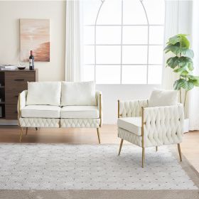 Stylish Handmade Woven Back Upholstered Sofa Set with 1 Accent Chair and 1 Loveseat Sofa, Modern Sofa Set for Living Room And Small Living Spaces , Cr