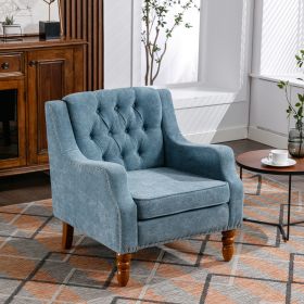 Blue Accent Chair, Living Room Chair, Footrest Chair Set with Vintage Brass Studs, Button Tufted Upholstered Armchair for Living Room, Comfy Reading C