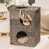 Rattan Cat Litter; Cat Bed with Rattan Ball and Cushion; Grey